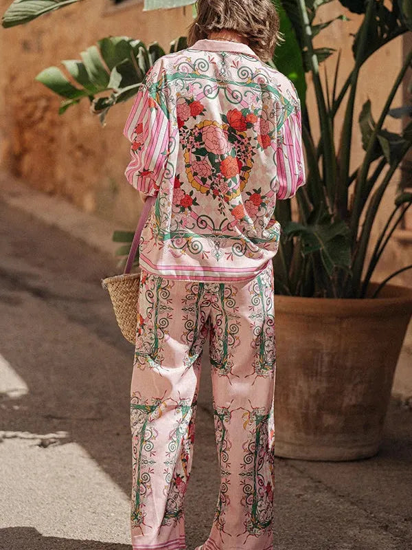 Floral Print Long Sleeve Shirt ＆ Wide Leg Pants Coord Set