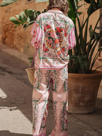 Floral Print Long Sleeve Shirt ＆ Wide Leg Pants Coord Set