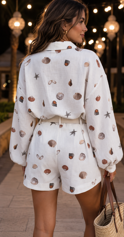 White seashell print shirt and shorts co-ord set with belted waist and loose long sleeves