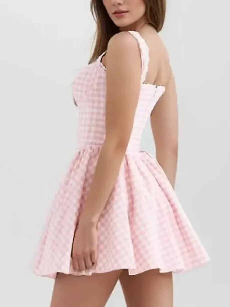 Sweetheart Neck Corset Gingham Print Short Dress