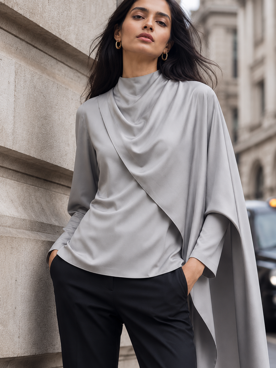 Asymmetric Drape Satin Top, light gray satin blouse