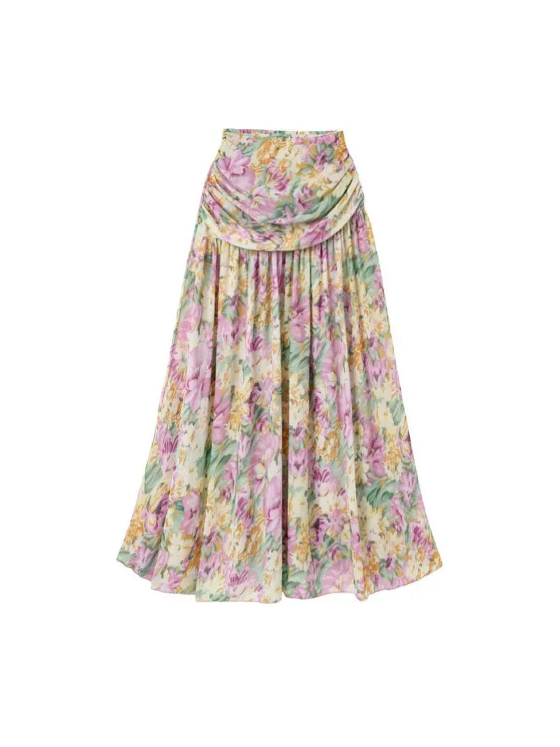 One Shoulder Cut out Blossom Print Swimsuit Skirt Set