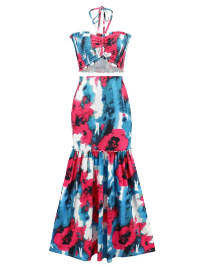 SR Store Tie Dye Crop & Skirt Coord Set, two-piece combo with blue and pink tie-dye pattern