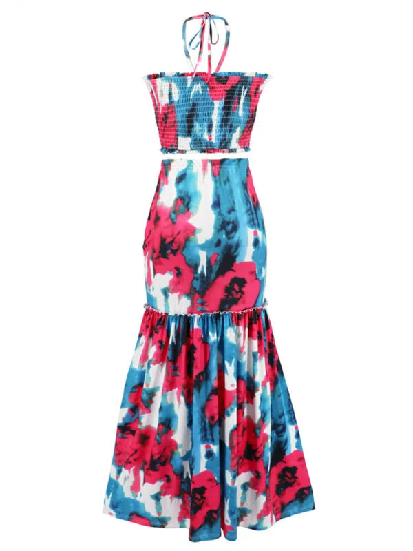 Tie Dye Crop & Skirt Coord Set by SR Store, two-piece tie-dye crop top and long skirt in pink, blue, white, on sale