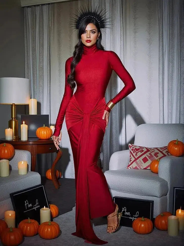 High Collar Knot Full Sleeves Bodycon Maxi Dress