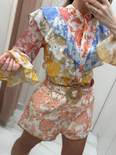 Floral Print Ruffles Blouse & Shorts Coord Set with Belt