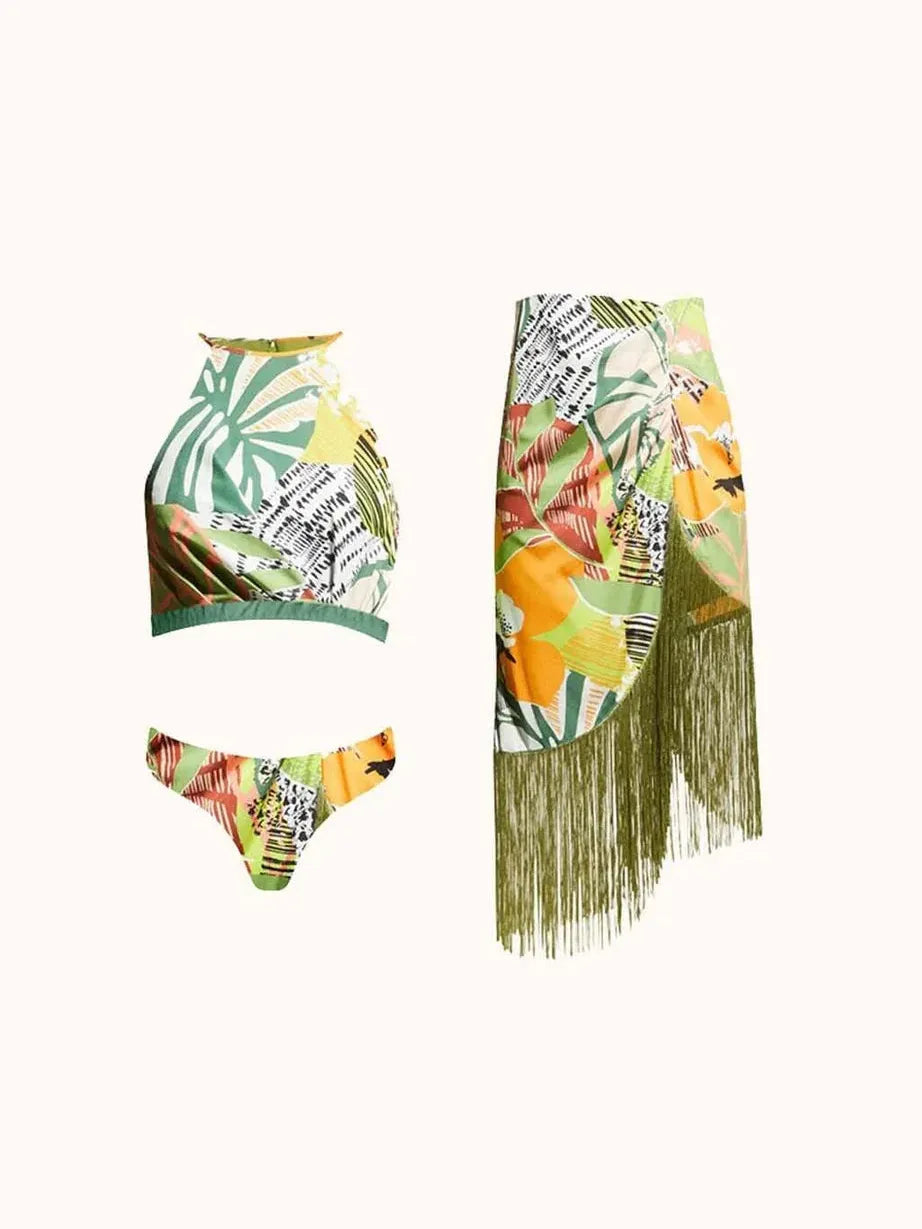 Tropical Print Bikini Top Shorts 3 Pieces Tassel Swimsuit Set