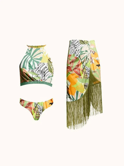 Tropical Print Bikini Top Shorts 3 Pieces Tassel Swimsuit Set