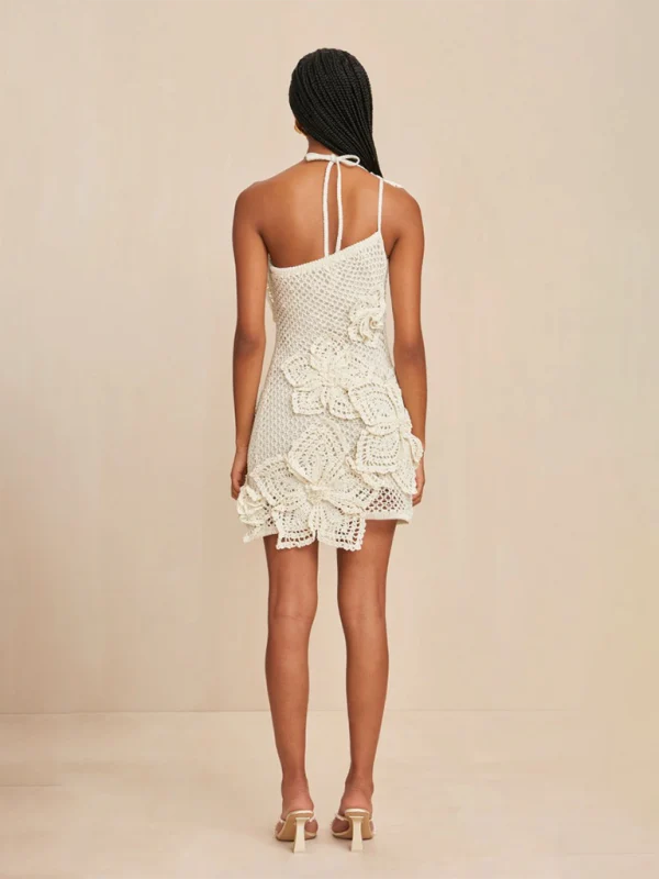 Crochet Flower Applique Halterneck Short Dress