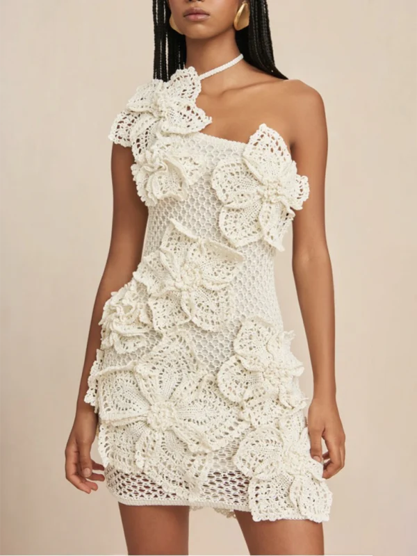 Crochet Flower Applique Halterneck Short Dress