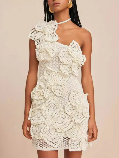 Crochet Flower Applique Halterneck Short Dress
