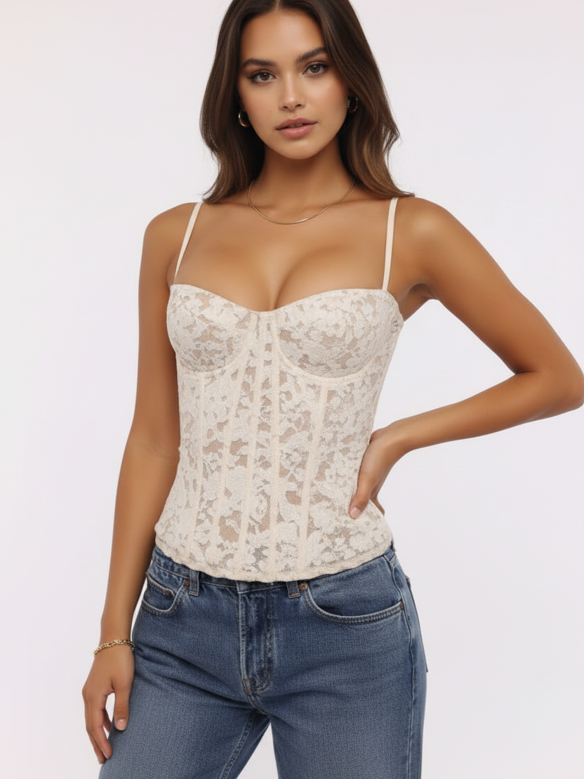 Elena French Lace Boned Bustier Corset Top by Exclusives, ivory lace; boned structured bodice.