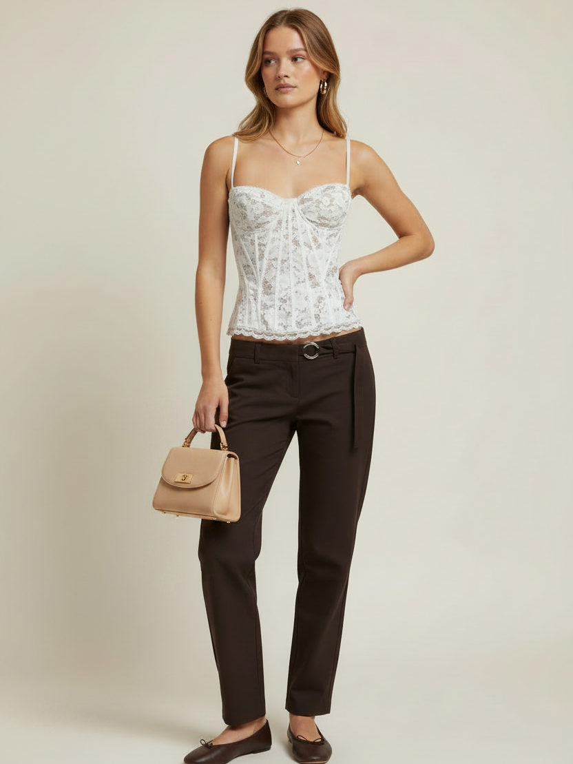 Elena French Lace Boned Bustier Corset Top, Exclusives, white lace with boning, paired with black pants