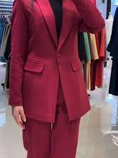 Long Blazer & Pant Coord Set in red by EXCLUSIVES; pant suit on sale.