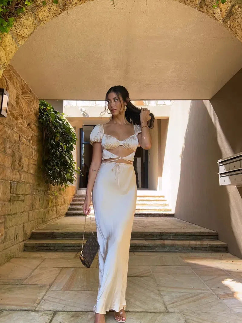 Short Puff Sleeve Cutout Maxi Dress