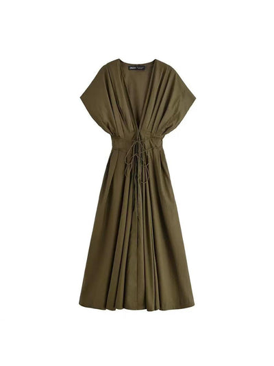Olive green kimono-style maxi dress with wide sleeves, deep V-neck, and drawstring waist, flowing skirt.