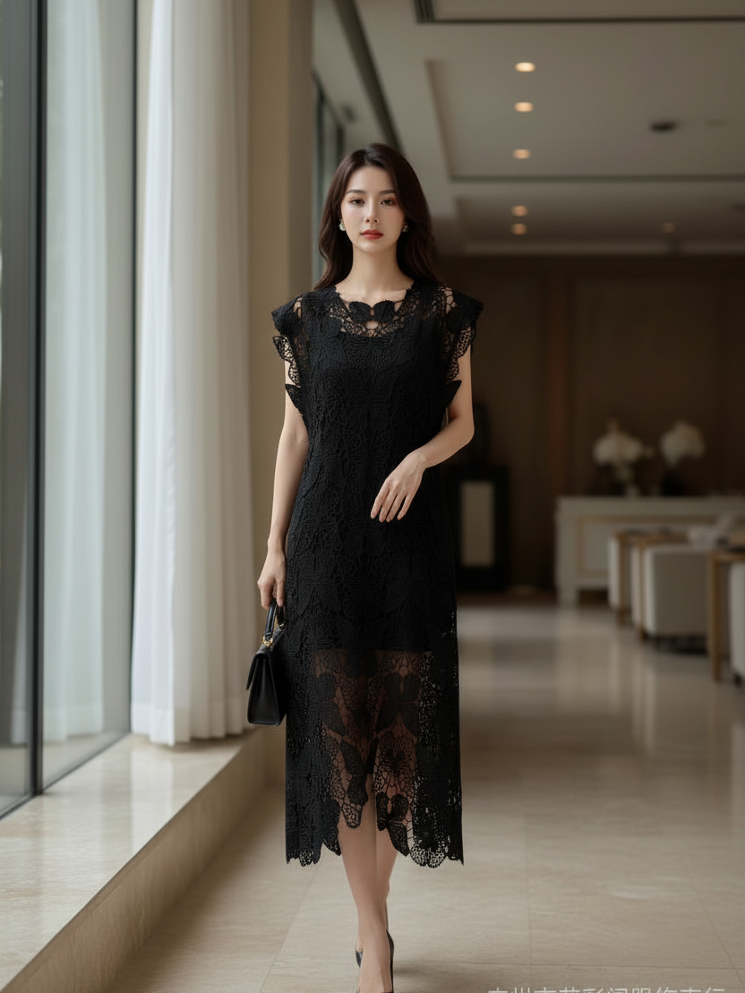Butterfly Cutout Hollow Out Midi Dress, black lace, EXCLUSIVES, on sale