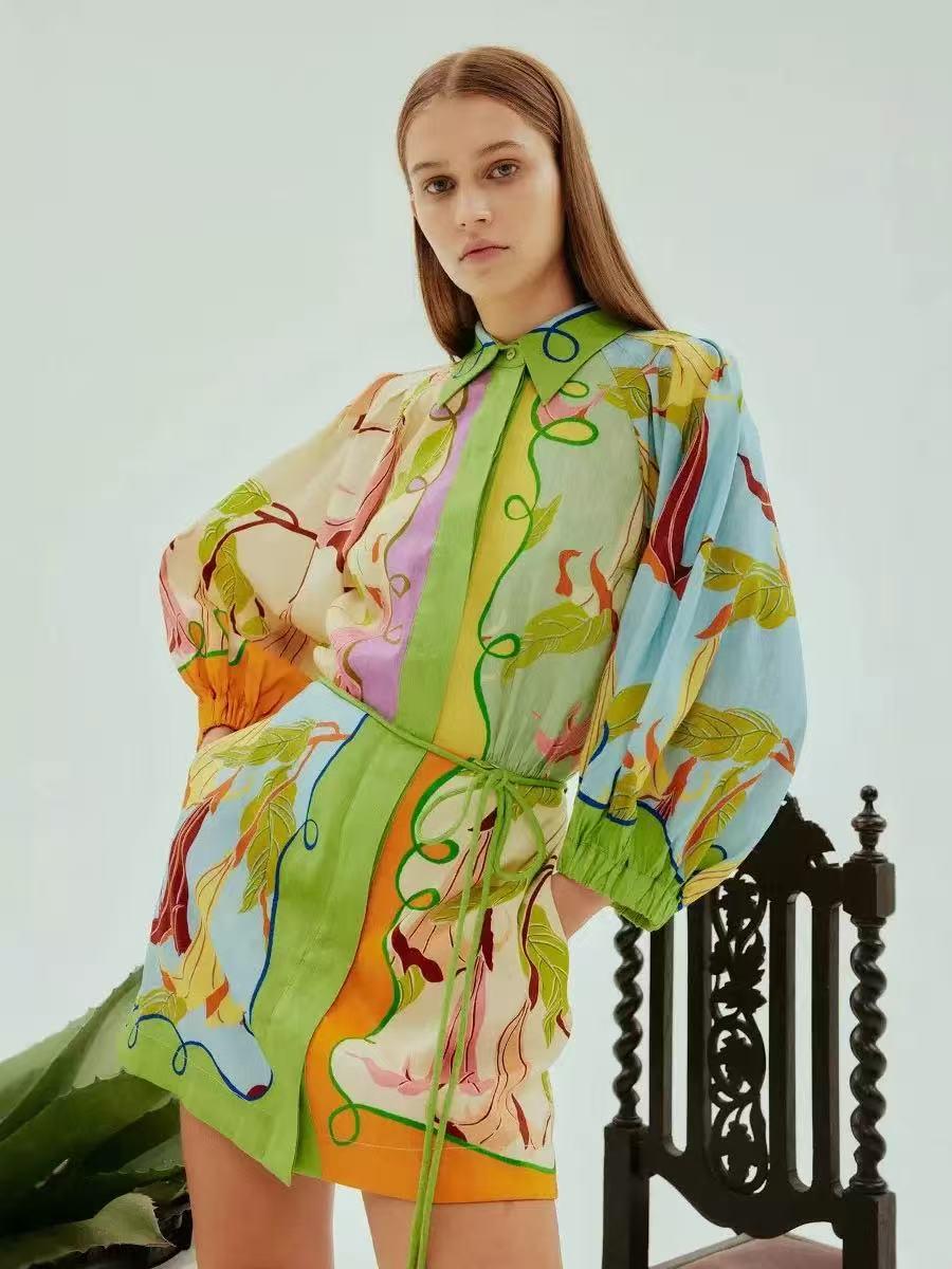 Exclusives tropical print balloon-sleeve shirt mini dress, multicolor, on sale