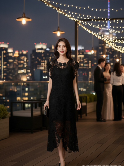 Butterfly Cutout Hollow Out Midi Dress, black lace, short-sleeve evening dress