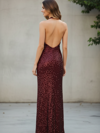 Sequin Halter Column Maxi Dress, burgundy backless gown by Exclusives