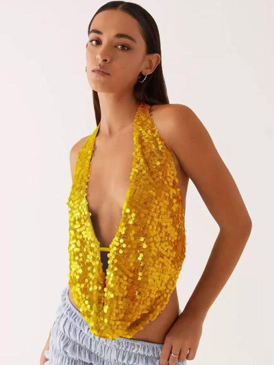 Halterneck Deep Neck Backless Sequins Vest Top by Exclusives in gold, tank top on sale