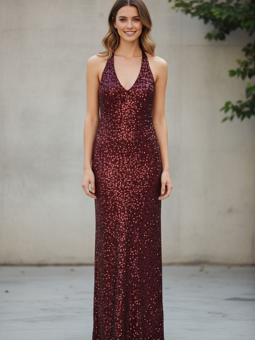 Sequin halter column maxi dress in burgundy by Exclusives.