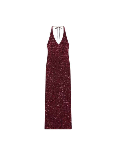 Sequin Halter Column Maxi Dress, burgundy sequins by Exclusives, on sale