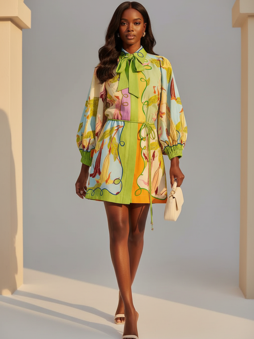 Tropical Print Balloon Sleeve Shirt Mini Dress by Exclusives; multicolor tropical print, waist tie, puff sleeves