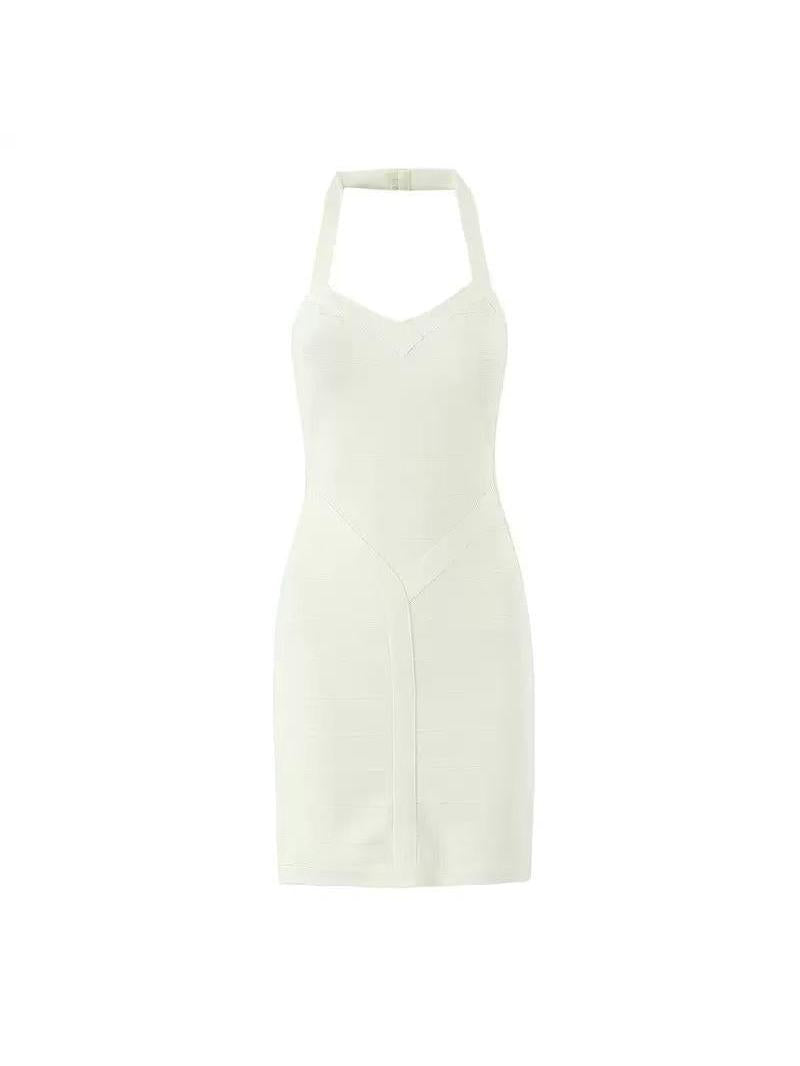 Ivory halter-neck bandage bodycon midi dress with panel seams and sweetheart neckline.