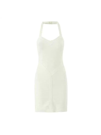 Ivory halter-neck bandage bodycon midi dress with panel seams and sweetheart neckline.