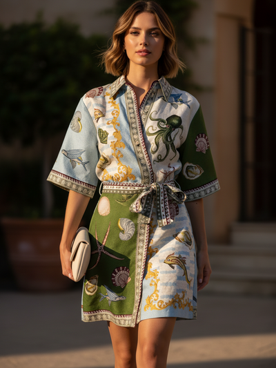 Sea Life Print Belted Shirt Mini Dress by Exclusives; green-blue sea-life print, belted waist, short sleeves
