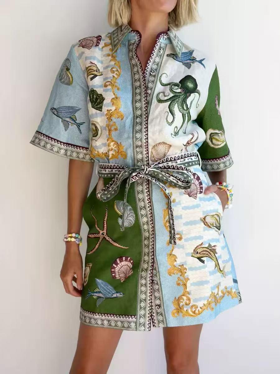 Sea Life Print Belted Shirt Mini Dress by Exclusives; multicolor ocean motif with tie waist.
