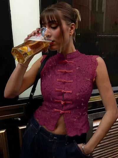 Floral Lace Mandarin Top by EXCLUSIVES in magenta lace with frog closures.