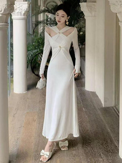 White Oblique Cutout Applique Maxi Dress