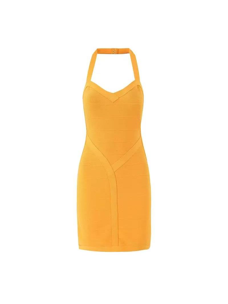 Mustard-yellow halter-neck bandage midi dress with vertical and curved panel seams, bodycon fit.
