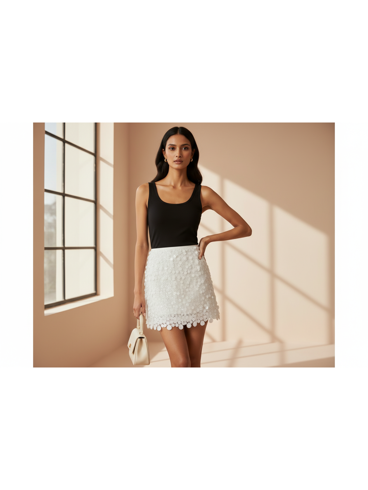 Metallic coin sequins mini skirt, white textured with circular discs