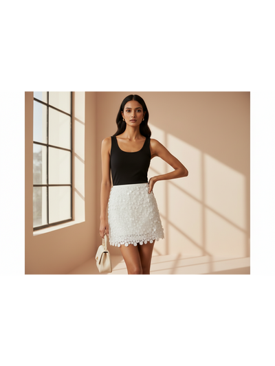 Metallic coin sequins mini skirt, white textured with circular discs