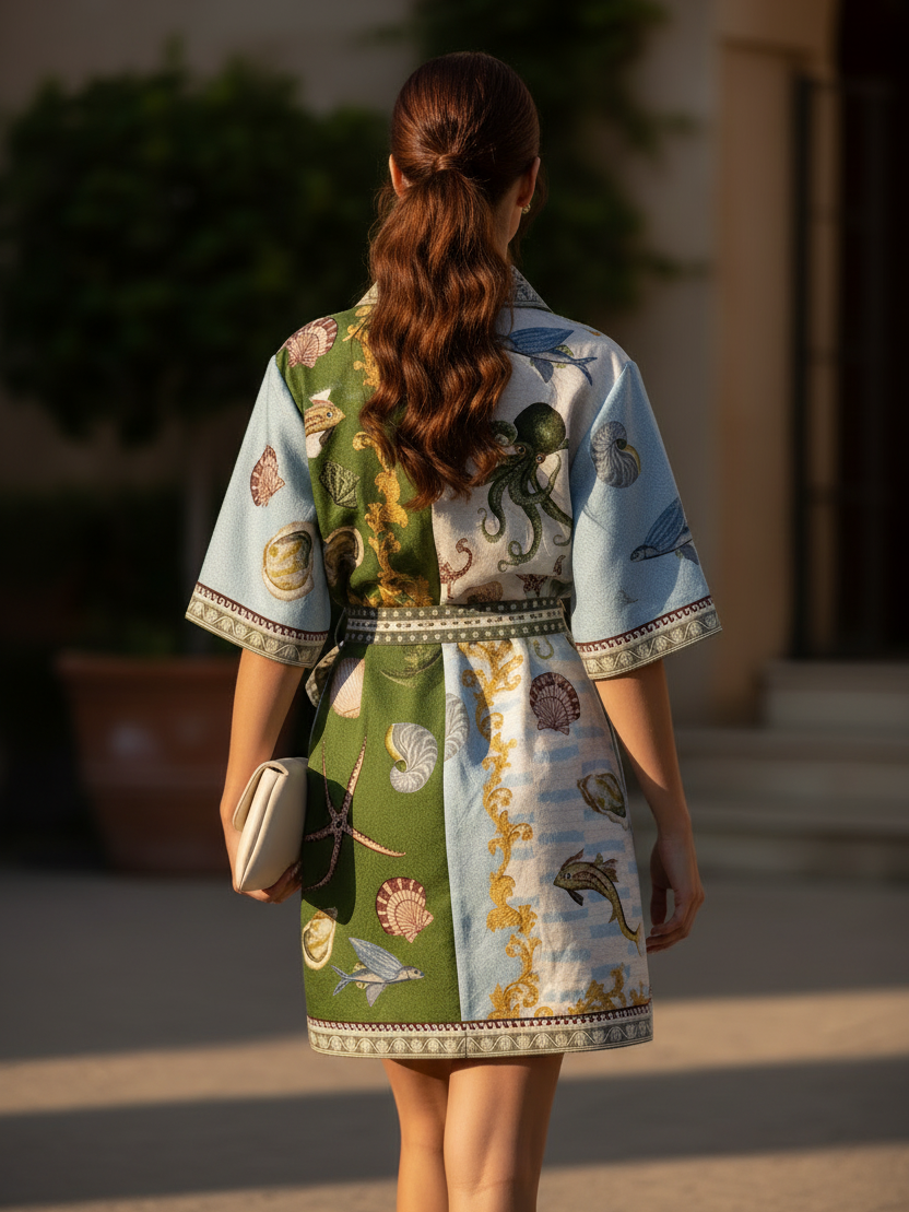 Sea Life Print Belted Shirt Mini Dress featuring shells and ocean motifs in green and blue panels