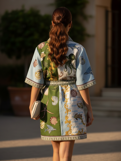 Sea Life Print Belted Shirt Mini Dress featuring shells and ocean motifs in green and blue panels