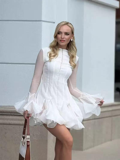 Élodie Blush Mini Dress, white with sheer long sleeves and ruffled hem