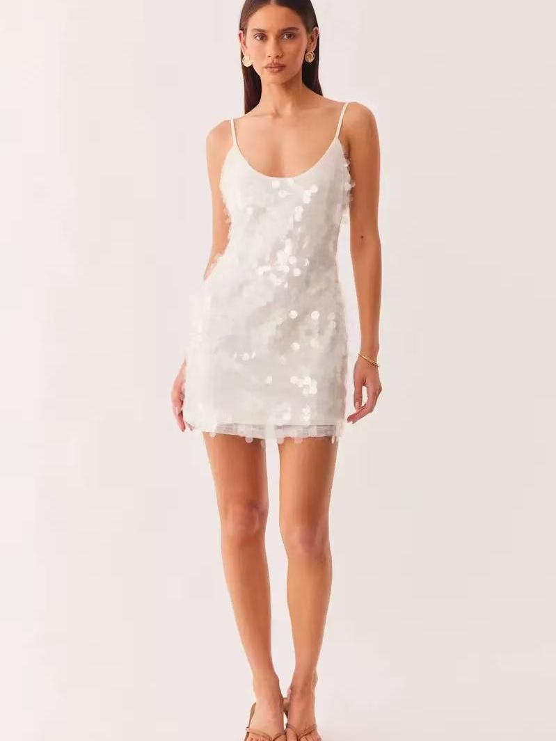 Shimmering Paillette Mini Dress by Exclusives, white sequin spaghetti-strap dress.