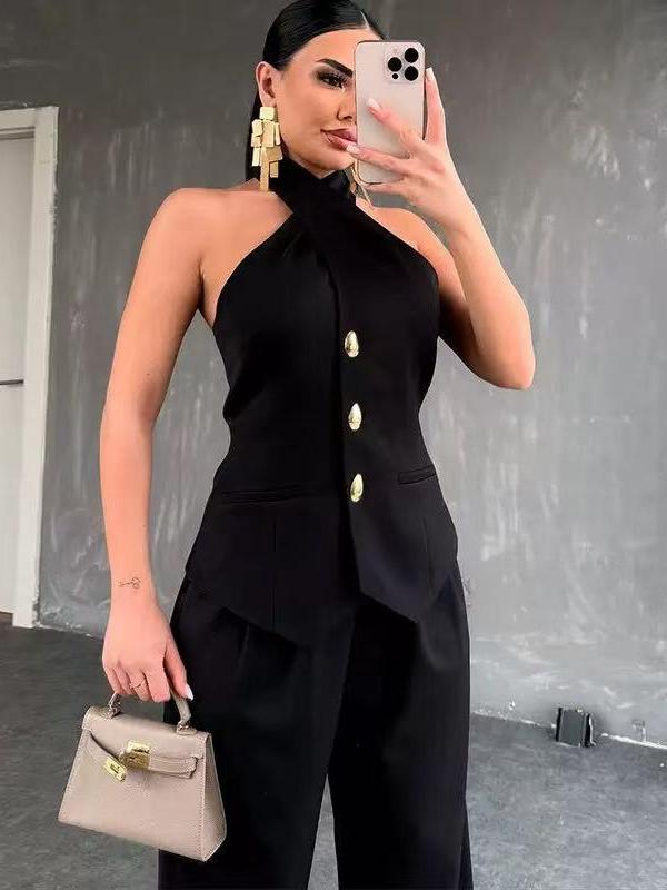 Asymmetric Halterneck Waistcoat Vest Top & Pants Coord Set