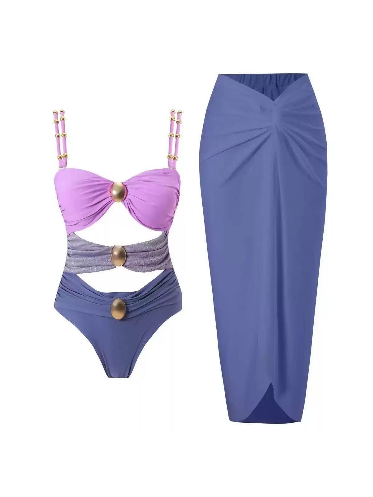 Round Buckle Hollow Out Cutout Swimsuit Skirt Coord Set