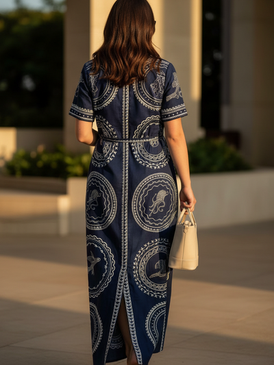 Navy Ocean Medallion Shirt Maxi Dress with white medallion print, back view