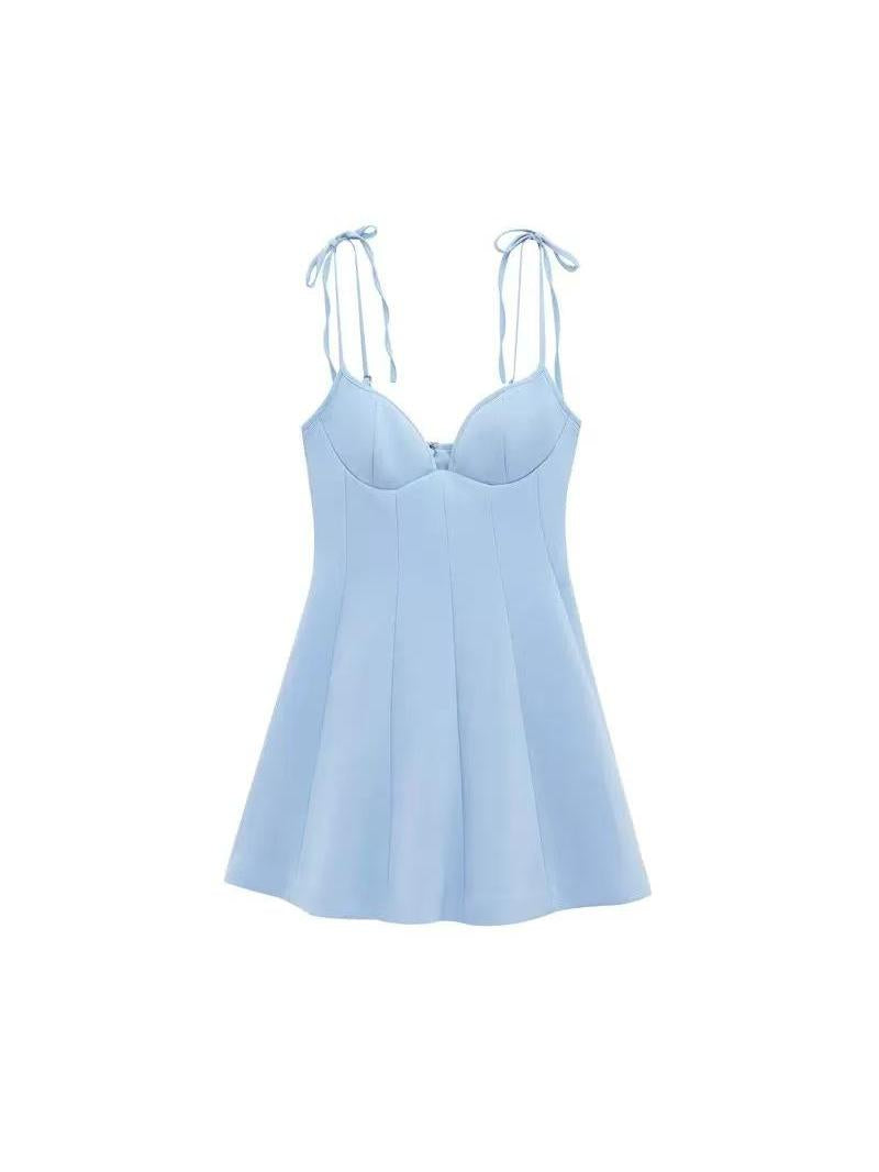 Coastal Corset Tie-Strap Mini Dress by Exclusives, sky blue with adjustable tie straps.