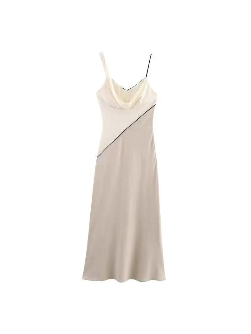 Two-Tone Asymmetrical Strap Slip Midi Dress