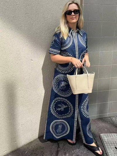 Navy Ocean Medallion Shirt Maxi Dress by Exclusives; navy maxi dress with white medallion print.
