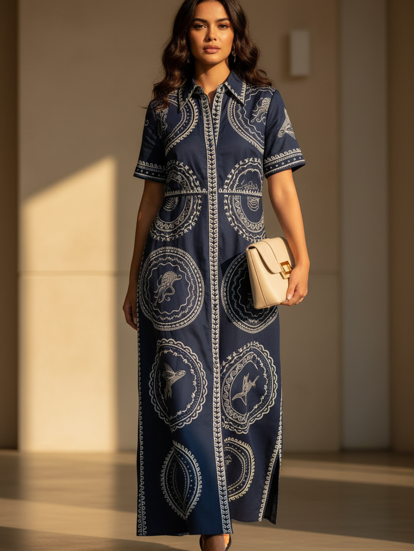 Navy Ocean Medallion Shirt Maxi Dress by Exclusives, short-sleeve collared button-front, bandana print, maxi length