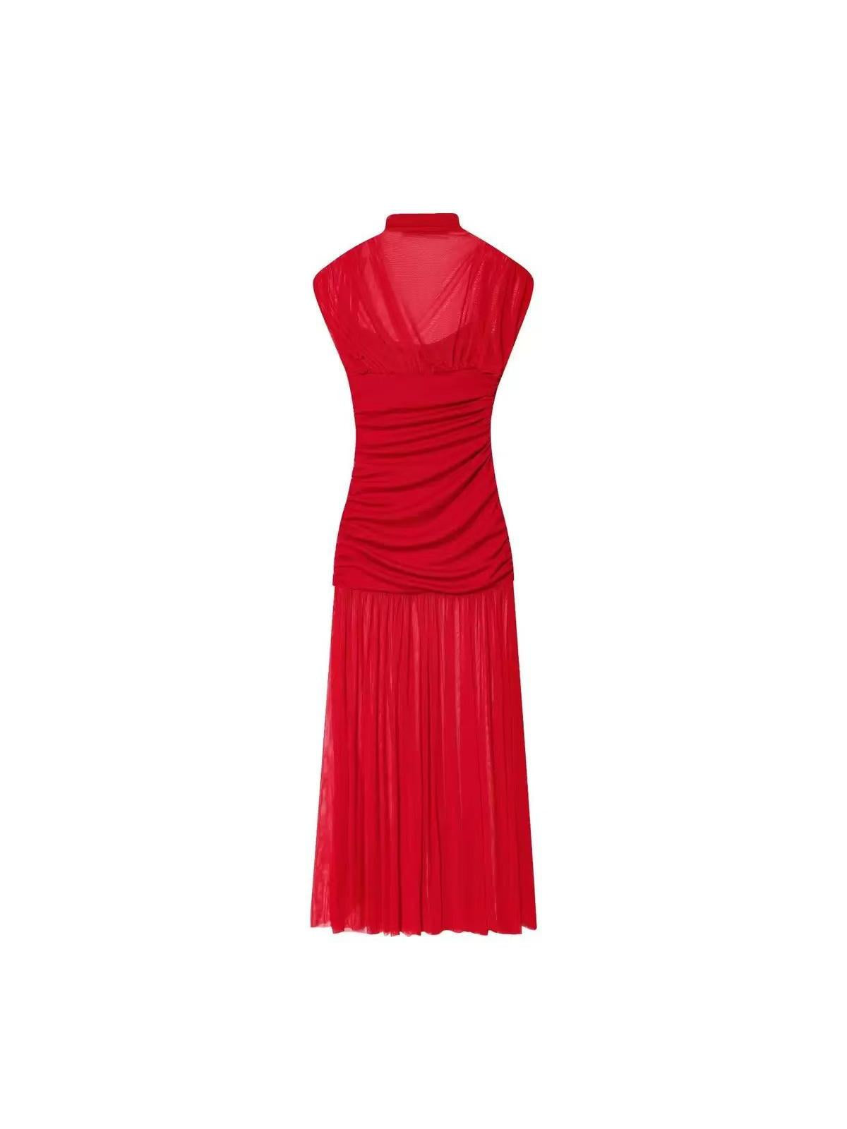 Back view of a red sheer mesh maxi dress with ruched bodice, gathered waist, and long pleated skirt.