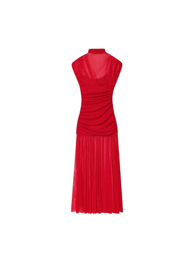 Back view of a red sheer mesh maxi dress with ruched bodice, gathered waist, and long pleated skirt.